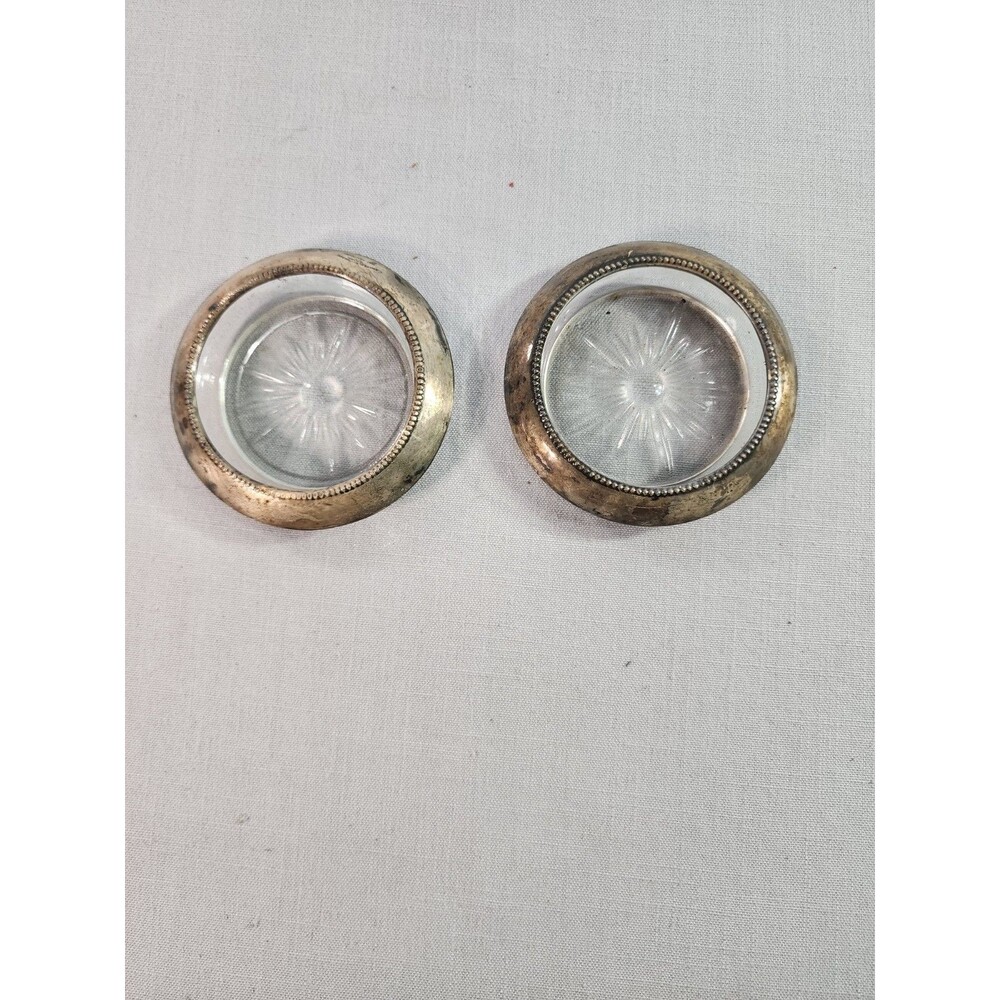Vintage Frank M. Whiting Sterling Silver Rim Glass Ashtrays Starburst Pair